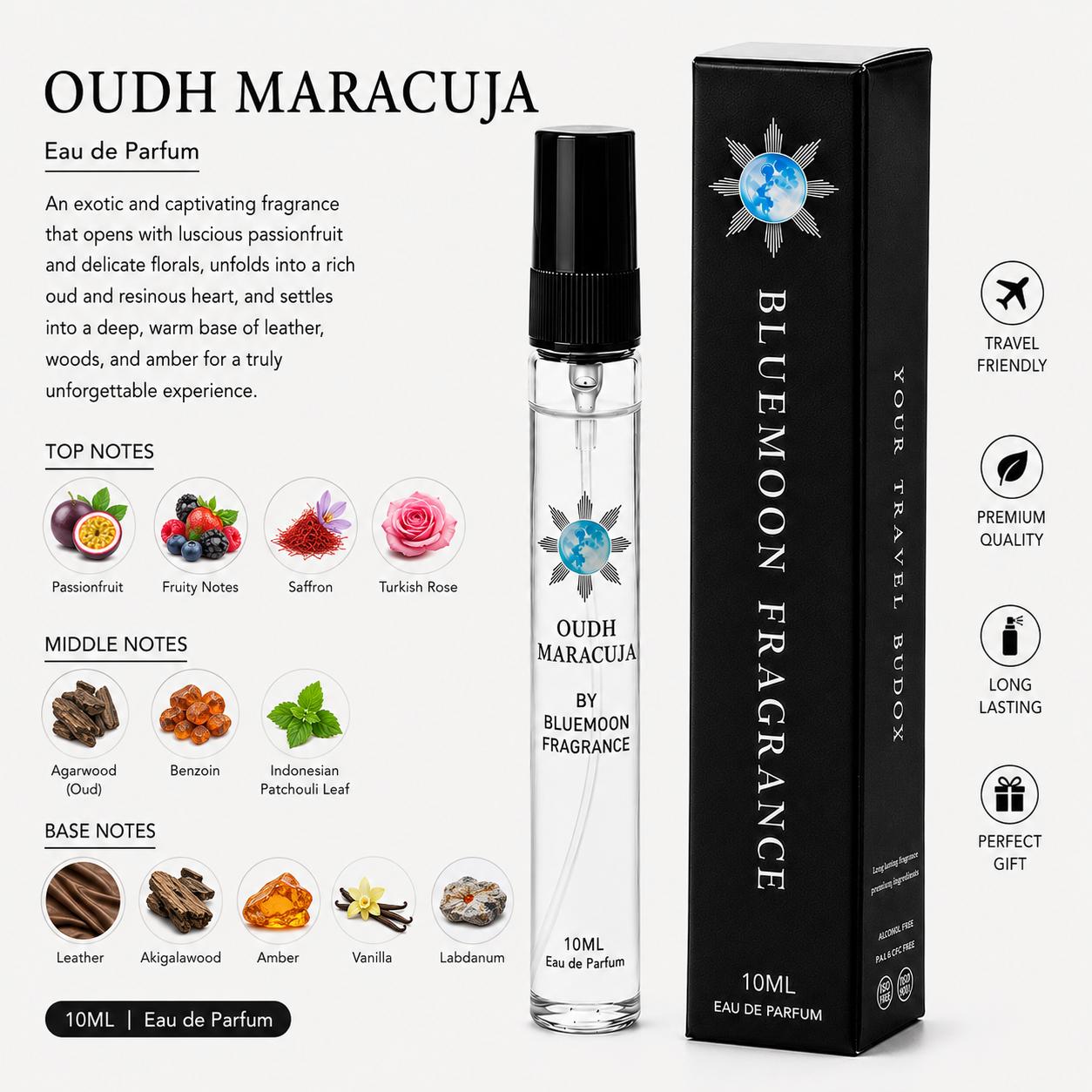 Sleek shatterproof 10ml Oud Maracuja passionfruit oud pocket perfume for men and women under 1000 rupees unique birthday gift