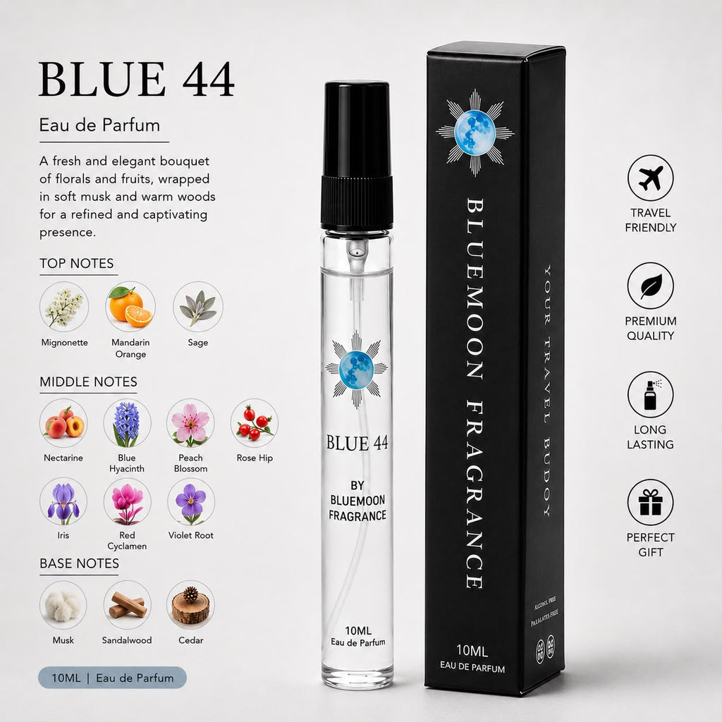 Sleek shatterproof 10ml Blue 44 fresh powdery pocket perfume for women under 1000 rupees clean corporate gift present