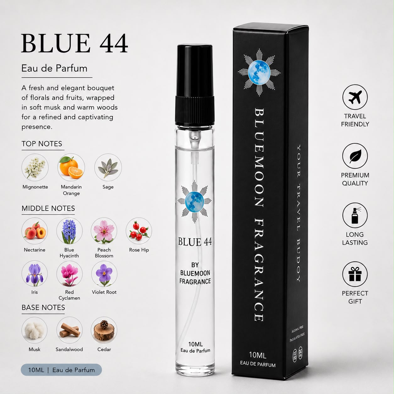 Sleek shatterproof 10ml Blue 44 fresh powdery pocket perfume for women under 1000 rupees clean corporate gift present