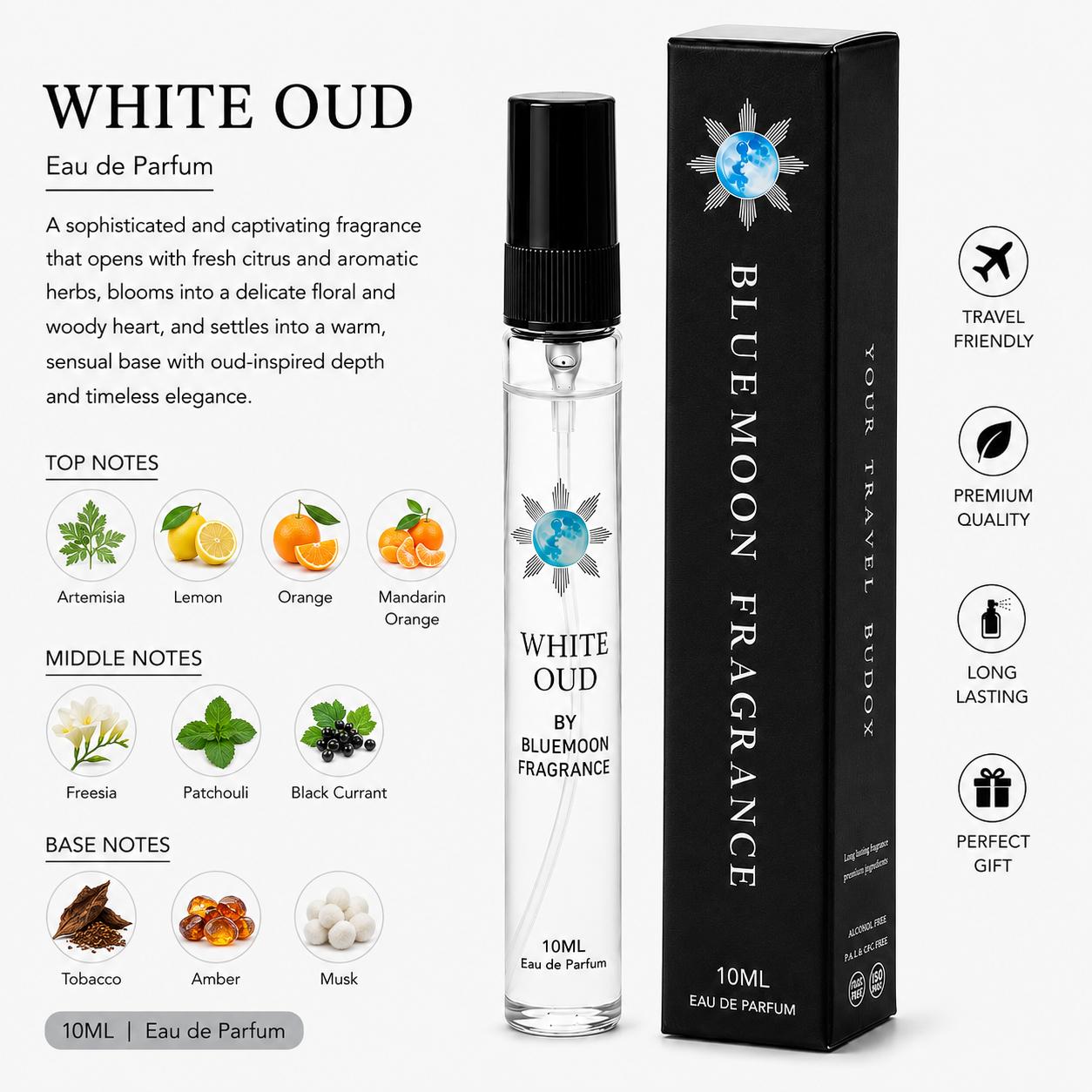 Sleek shatterproof 10ml White Oud fresh musky pocket perfume under 1000 rupees elegant corporate birthday gift